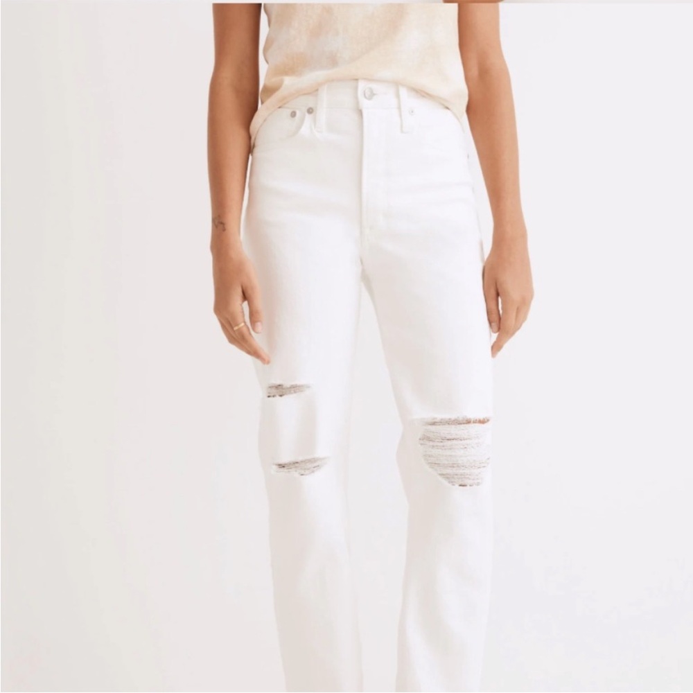 The Perfect Vintage Straight Jean in Tile White: Ripped-Knee Edition